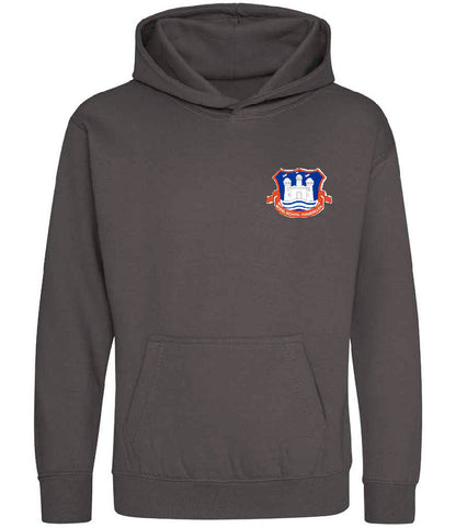 A charcoal gray hoodie with a school's logo on the front and 'CLASS OF 2026' printed on the back. It features a hood, a pouch pocket, and ribbed cuffs.